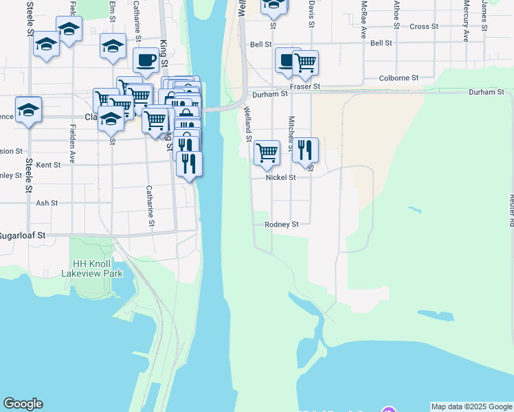 map of restaurants, bars, coffee shops, grocery stores, and more near 77 Welland Street in Port Colborne