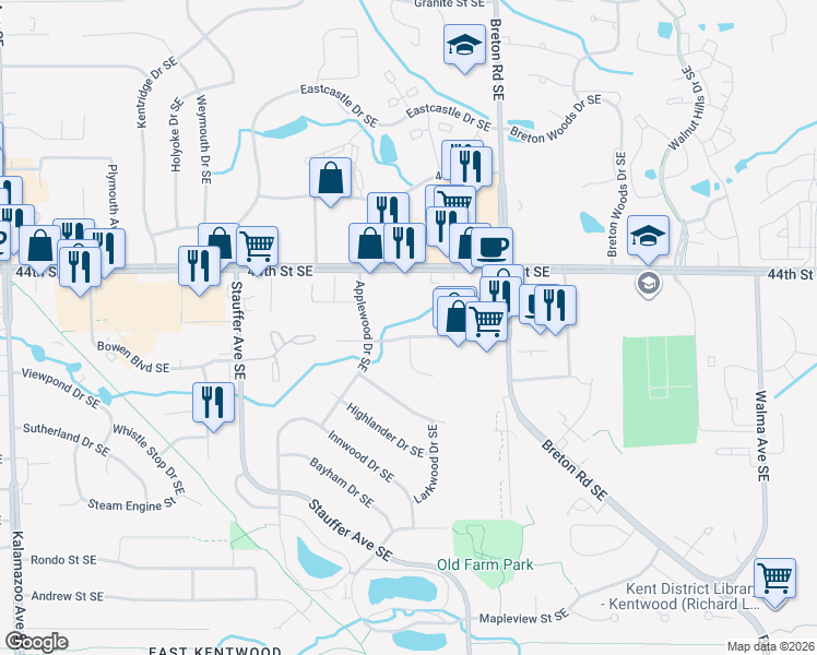 map of restaurants, bars, coffee shops, grocery stores, and more near 2271 Countrywood Drive Southeast in Kentwood