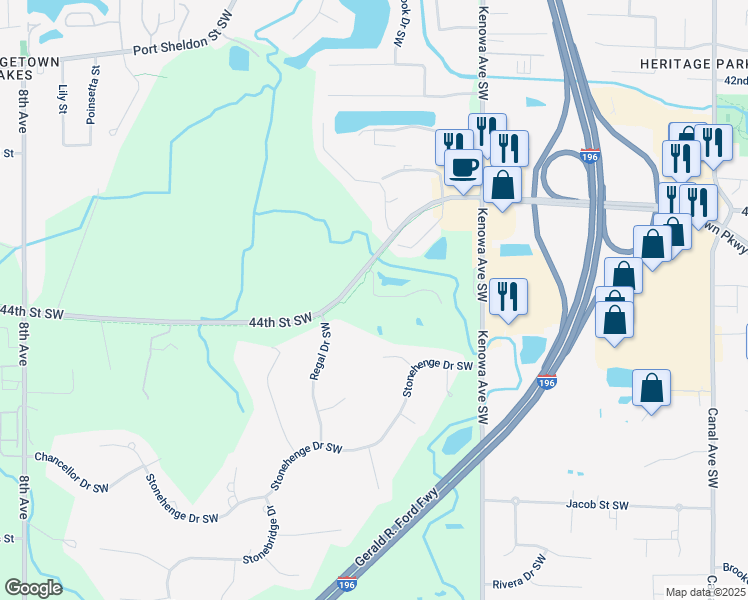 map of restaurants, bars, coffee shops, grocery stores, and more near 1-199 Brookmeadow Dr SW in Grandville