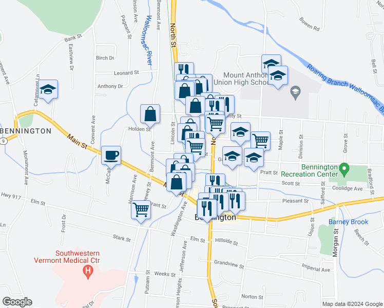 map of restaurants, bars, coffee shops, grocery stores, and more near Depot St & River St in Bennington