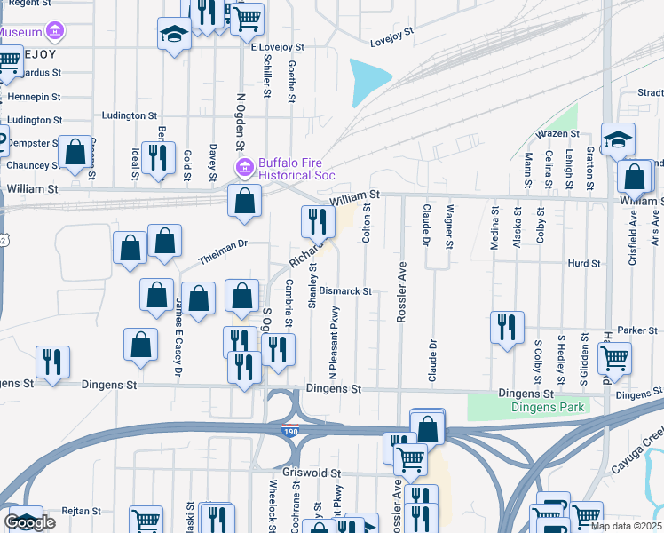 map of restaurants, bars, coffee shops, grocery stores, and more near 336 North Pleasant Parkway in Cheektowaga