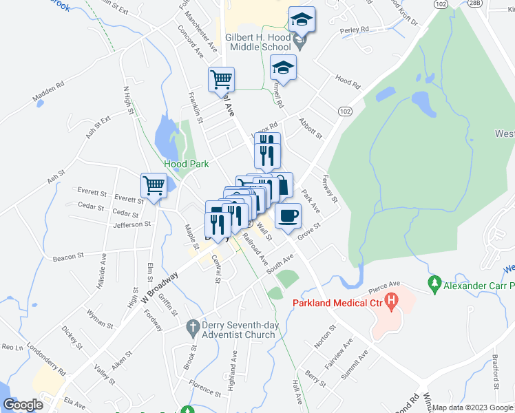 map of restaurants, bars, coffee shops, grocery stores, and more near 3 Franklin Street in Derry