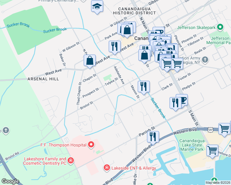 map of restaurants, bars, coffee shops, grocery stores, and more near 159 Bristol Street in Canandaigua