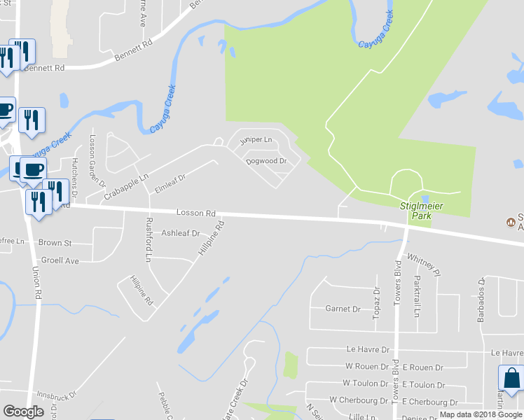 map of restaurants, bars, coffee shops, grocery stores, and more near 236 Losson Road in Buffalo