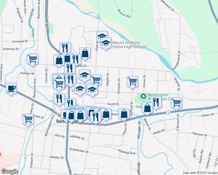 map of restaurants, bars, coffee shops, grocery stores, and more near 207 Maple Street in Bennington