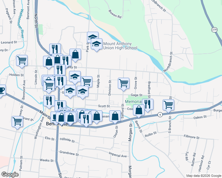map of restaurants, bars, coffee shops, grocery stores, and more near 205 Division Street in Bennington