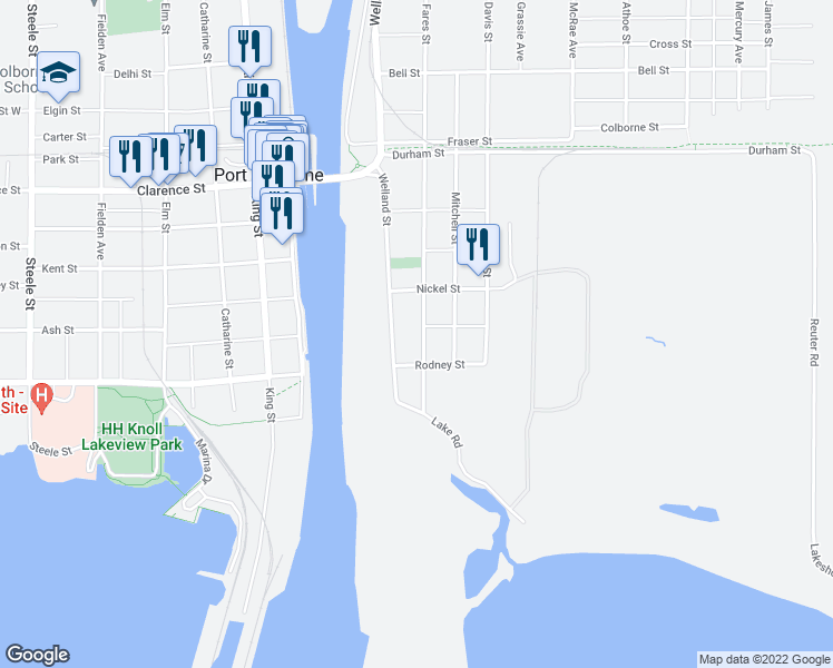 map of restaurants, bars, coffee shops, grocery stores, and more near 126 Fares Street in Port Colborne