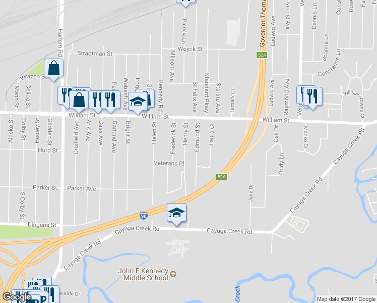 map of restaurants, bars, coffee shops, grocery stores, and more near 31 Henry Street in Buffalo