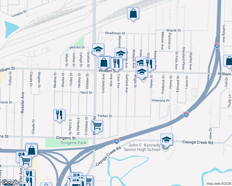 map of restaurants, bars, coffee shops, grocery stores, and more near 204 Cass Avenue in Buffalo