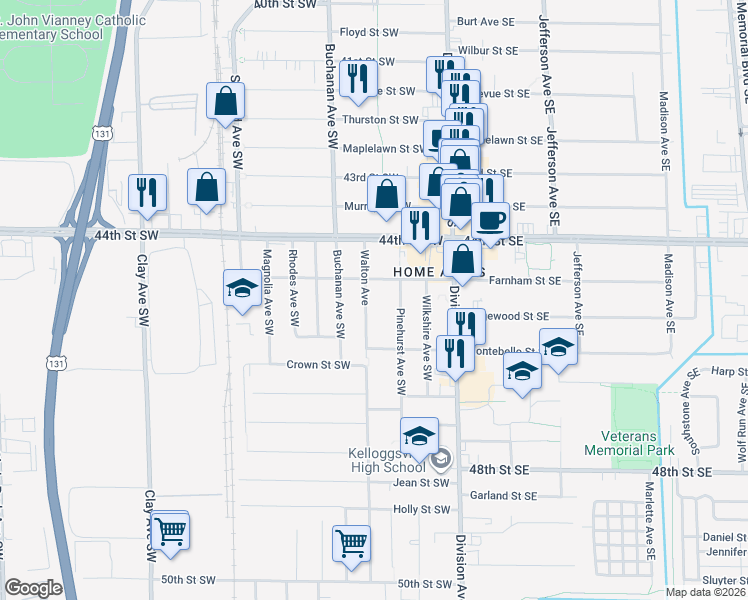 map of restaurants, bars, coffee shops, grocery stores, and more near 4510 Walton Avenue in Grand Rapids