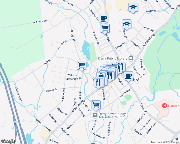 map of restaurants, bars, coffee shops, grocery stores, and more near 29 1/2 Maple Street in Derry