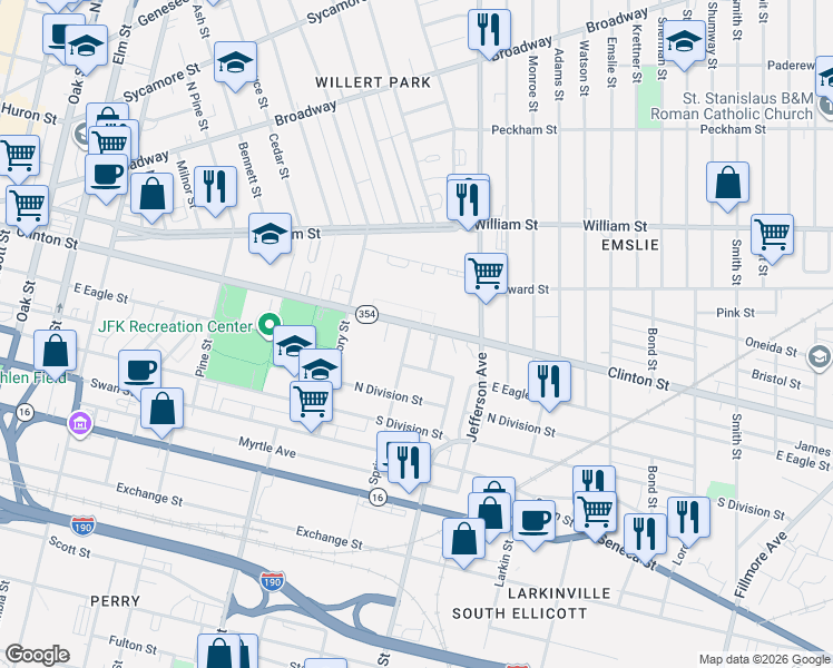 map of restaurants, bars, coffee shops, grocery stores, and more near 481 Clinton Street in Buffalo