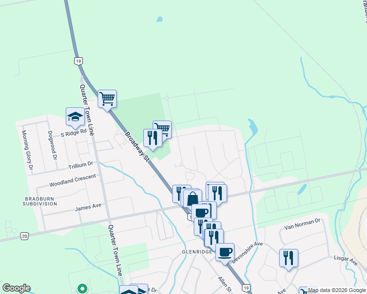 map of restaurants, bars, coffee shops, grocery stores, and more near 36 Woodcock Drive in Tillsonburg