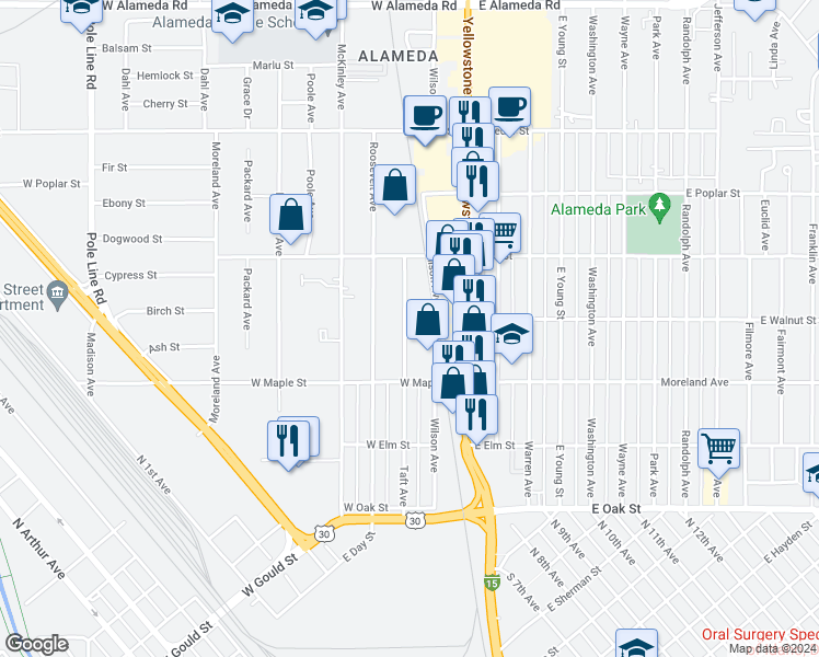 map of restaurants, bars, coffee shops, grocery stores, and more near 390 Taft Avenue in Pocatello