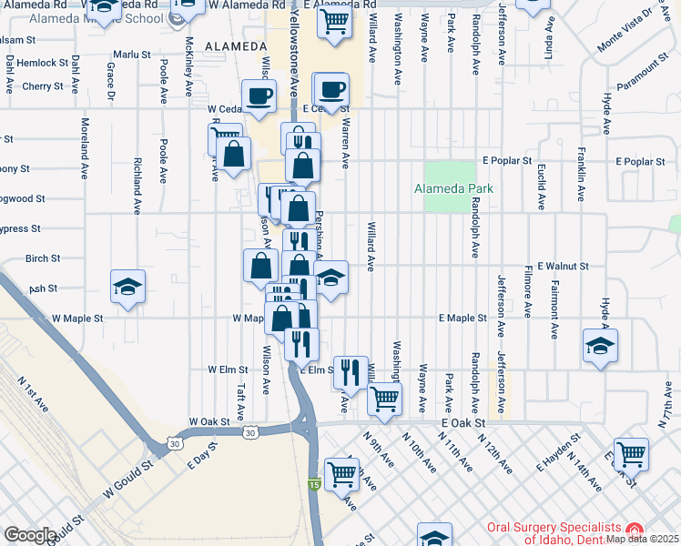 map of restaurants, bars, coffee shops, grocery stores, and more near 389 Warren Avenue in Pocatello