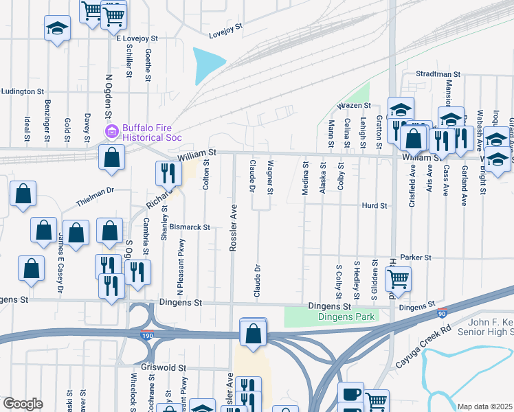 map of restaurants, bars, coffee shops, grocery stores, and more near 151 Claude Drive in Cheektowaga