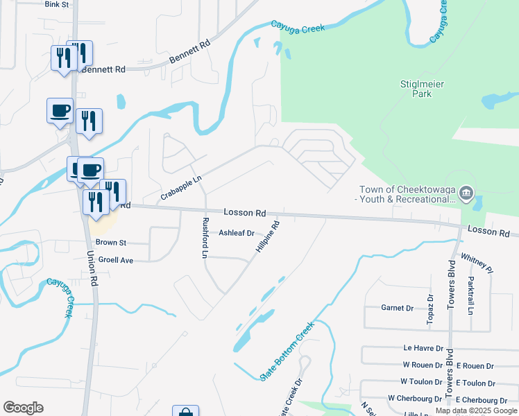 map of restaurants, bars, coffee shops, grocery stores, and more near 196 Losson Road in Buffalo