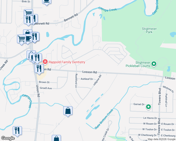 map of restaurants, bars, coffee shops, grocery stores, and more near 176 Losson Road in Buffalo