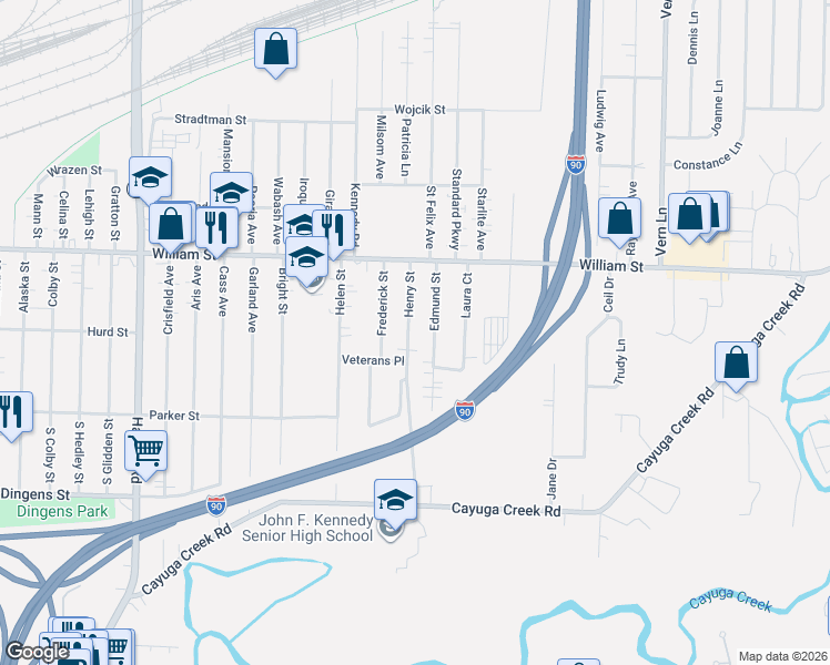 map of restaurants, bars, coffee shops, grocery stores, and more near 31 Henry Street in Buffalo