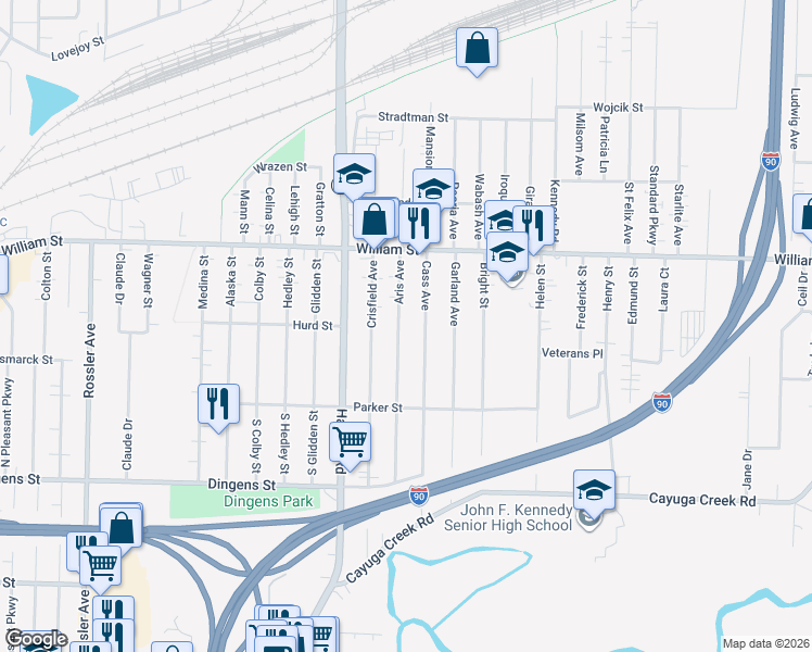 map of restaurants, bars, coffee shops, grocery stores, and more near 204 Cass Avenue in Buffalo