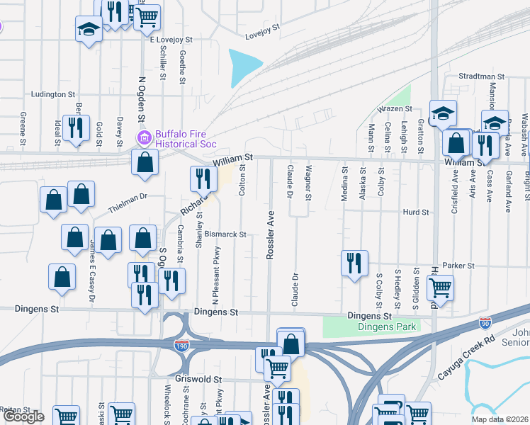 map of restaurants, bars, coffee shops, grocery stores, and more near 156 Rossler Avenue in Buffalo