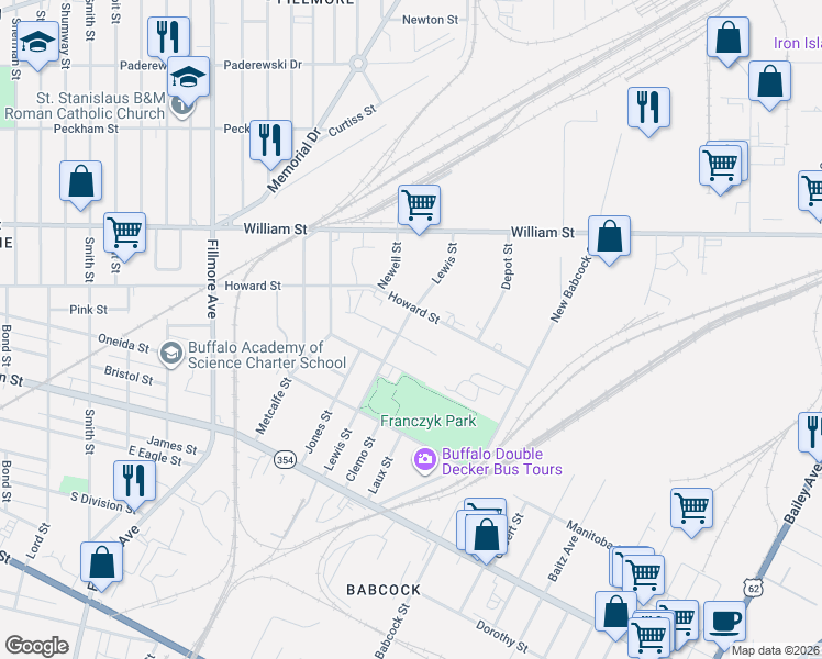 map of restaurants, bars, coffee shops, grocery stores, and more near 70 Holt Street in Buffalo