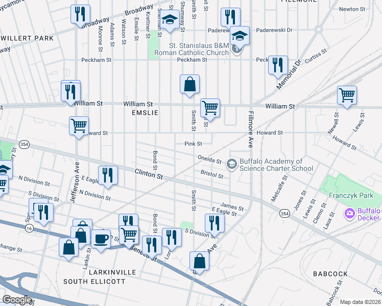 map of restaurants, bars, coffee shops, grocery stores, and more near 118 Oneida Street in Buffalo