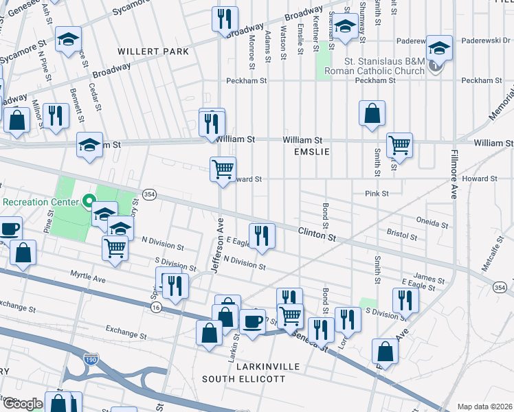 map of restaurants, bars, coffee shops, grocery stores, and more near 604 Clinton Street in Buffalo