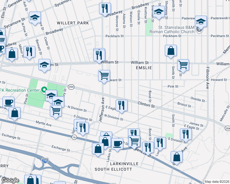 map of restaurants, bars, coffee shops, grocery stores, and more near 604 Clinton Street in Buffalo