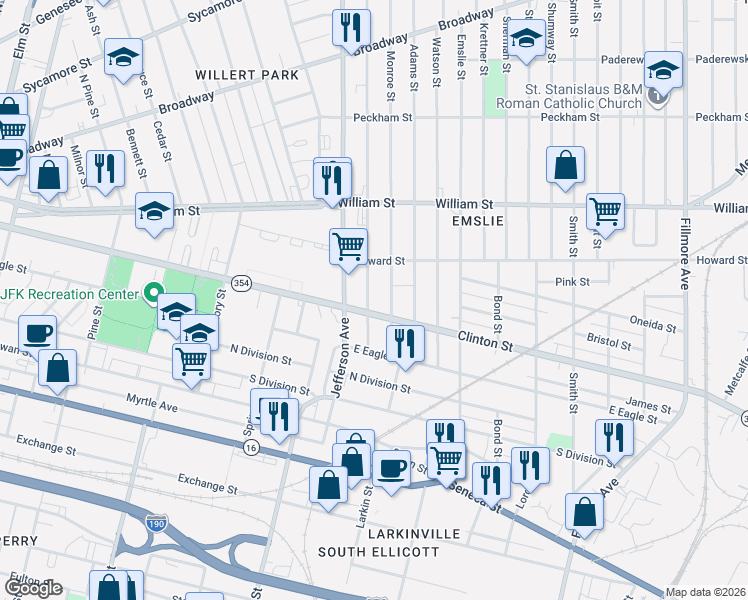 map of restaurants, bars, coffee shops, grocery stores, and more near 604 Clinton Street in Buffalo