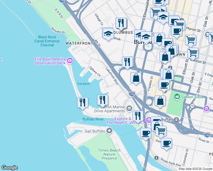 map of restaurants, bars, coffee shops, grocery stores, and more near 44 Waterfront Circle in Buffalo