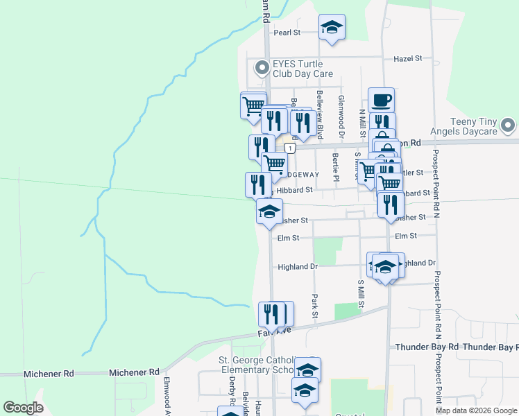 map of restaurants, bars, coffee shops, grocery stores, and more near 258 Gorham Road in Fort Erie