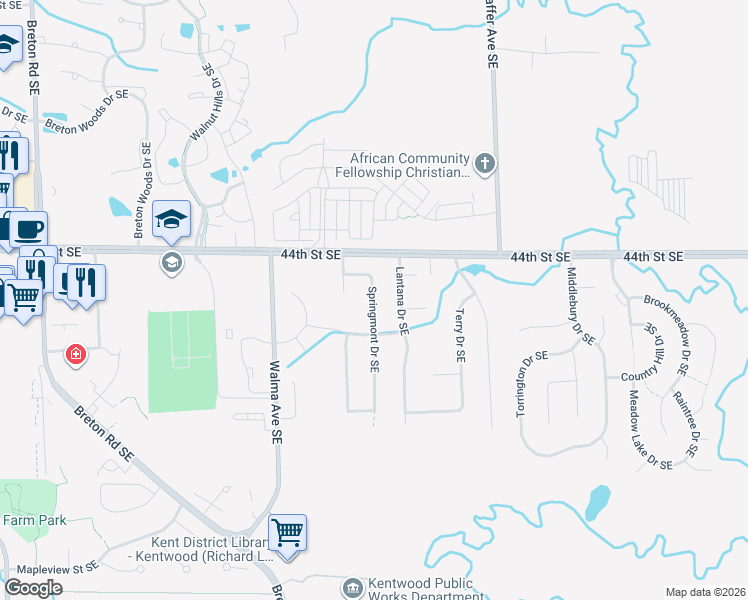 map of restaurants, bars, coffee shops, grocery stores, and more near 4491 Lantana Drive Southeast in Kentwood