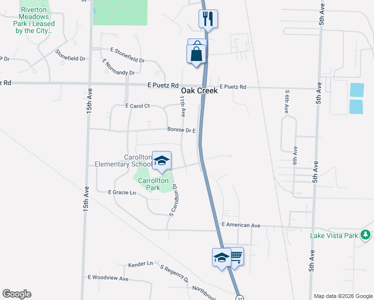 map of restaurants, bars, coffee shops, grocery stores, and more near 8924 11th Avenue in Oak Creek