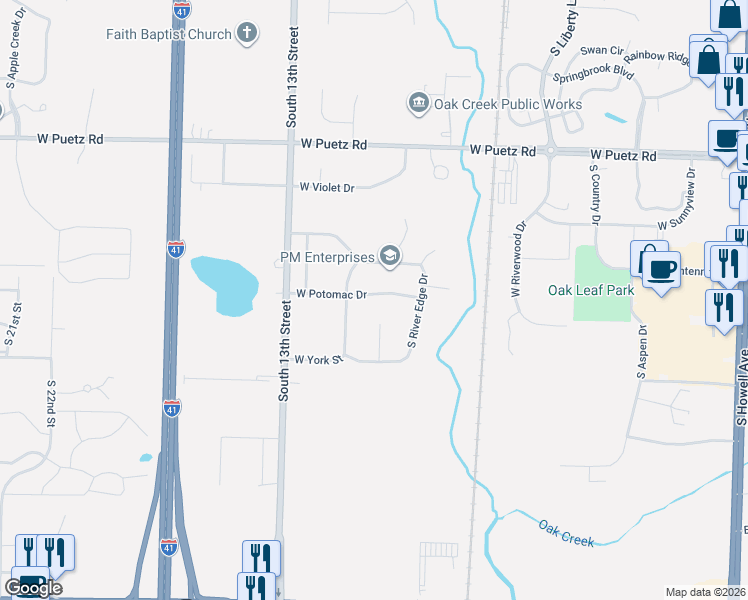 map of restaurants, bars, coffee shops, grocery stores, and more near 1025 West Potomac Drive in Oak Creek