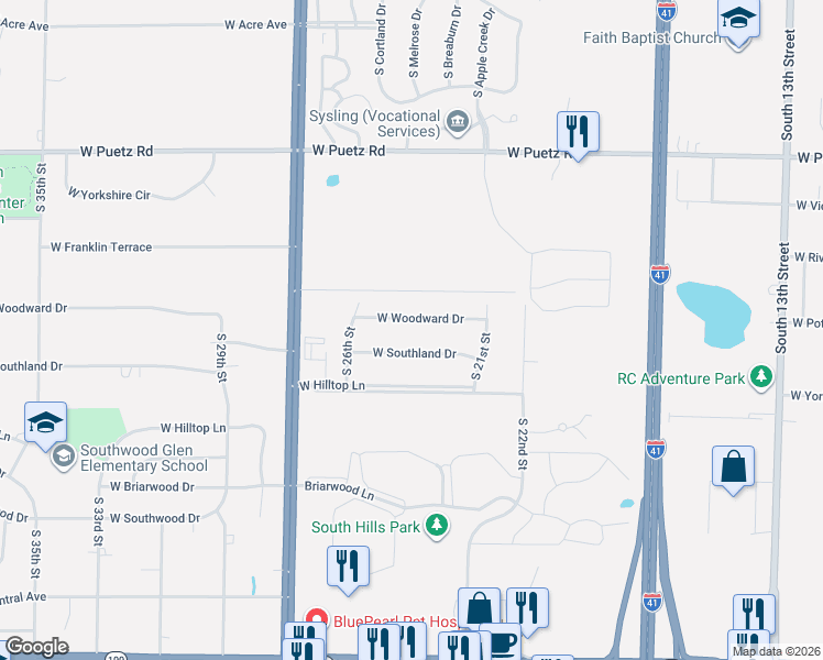 map of restaurants, bars, coffee shops, grocery stores, and more near 2321 Woodward Drive in Oak Creek