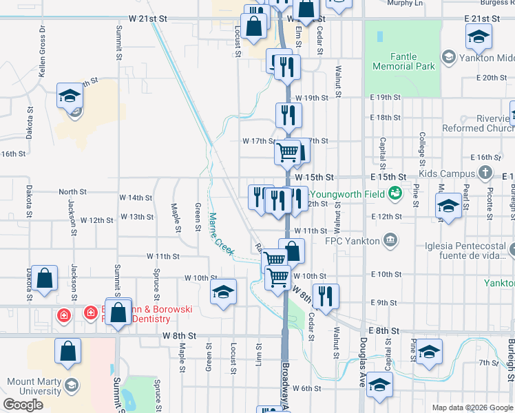 map of restaurants, bars, coffee shops, grocery stores, and more near in Yankton