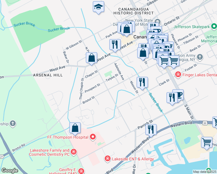 map of restaurants, bars, coffee shops, grocery stores, and more near 188 Bristol Street in Canandaigua