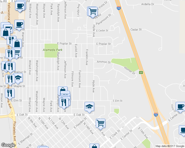 map of restaurants, bars, coffee shops, grocery stores, and more near 385 Hyde Avenue in Pocatello