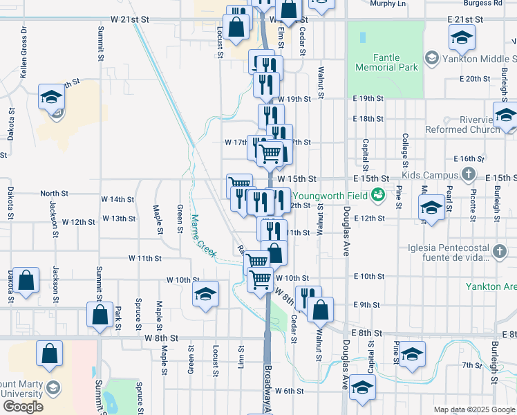 map of restaurants, bars, coffee shops, grocery stores, and more near 1101 Broadway Avenue in Yankton
