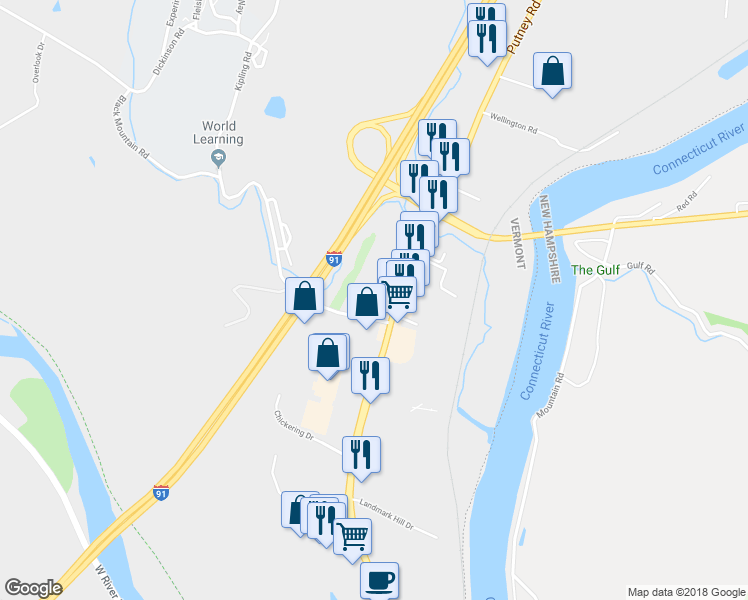 map of restaurants, bars, coffee shops, grocery stores, and more near 23 Black Mountain Road in Brattleboro
