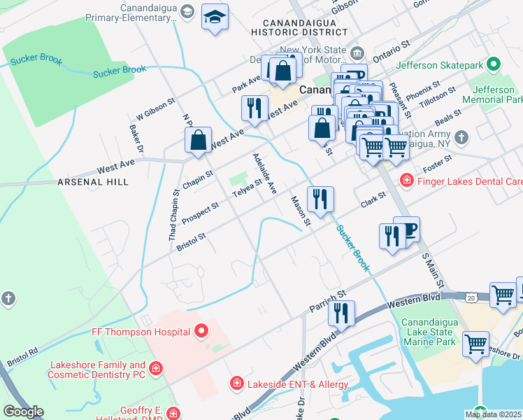 map of restaurants, bars, coffee shops, grocery stores, and more near 159 Bristol Street in Canandaigua
