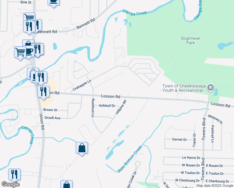map of restaurants, bars, coffee shops, grocery stores, and more near 196 Losson Road in Buffalo