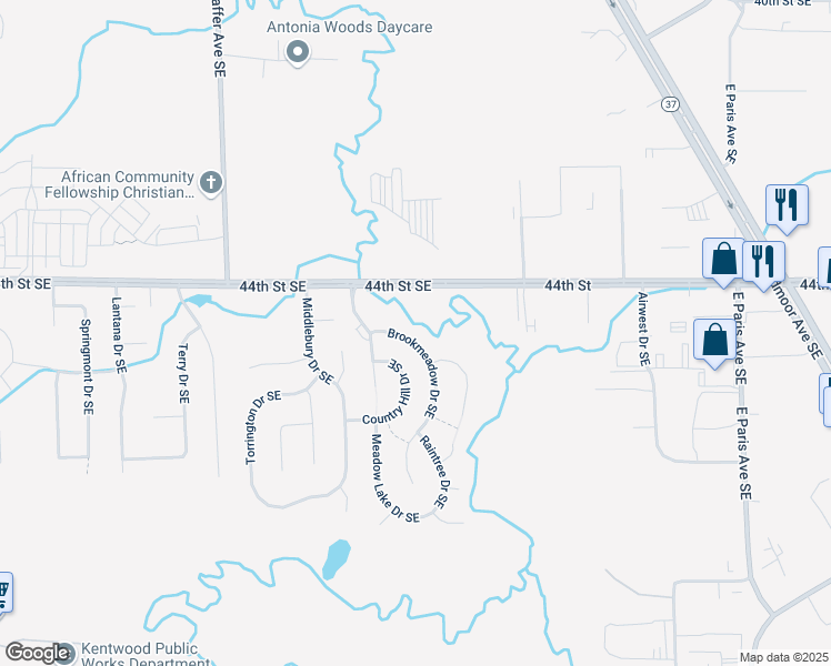 map of restaurants, bars, coffee shops, grocery stores, and more near 4492 Brookmeadow Drive Southeast in Kentwood