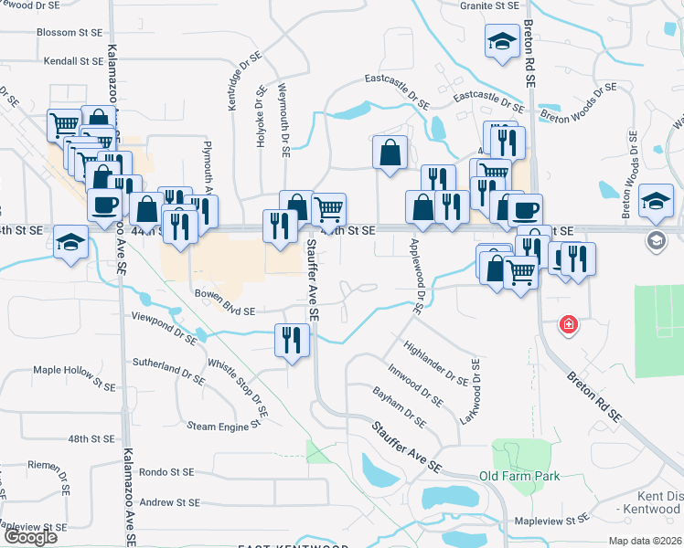 map of restaurants, bars, coffee shops, grocery stores, and more near 4493 Woodrose Court Southeast in Kentwood
