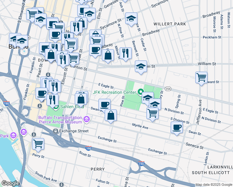 map of restaurants, bars, coffee shops, grocery stores, and more near 321 King Peterson Road in Buffalo