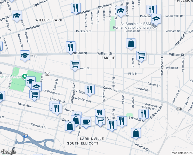map of restaurants, bars, coffee shops, grocery stores, and more near in Buffalo