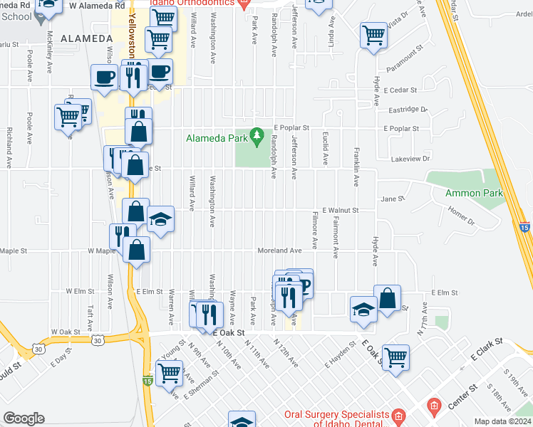 map of restaurants, bars, coffee shops, grocery stores, and more near 397 Randolph Avenue in Pocatello