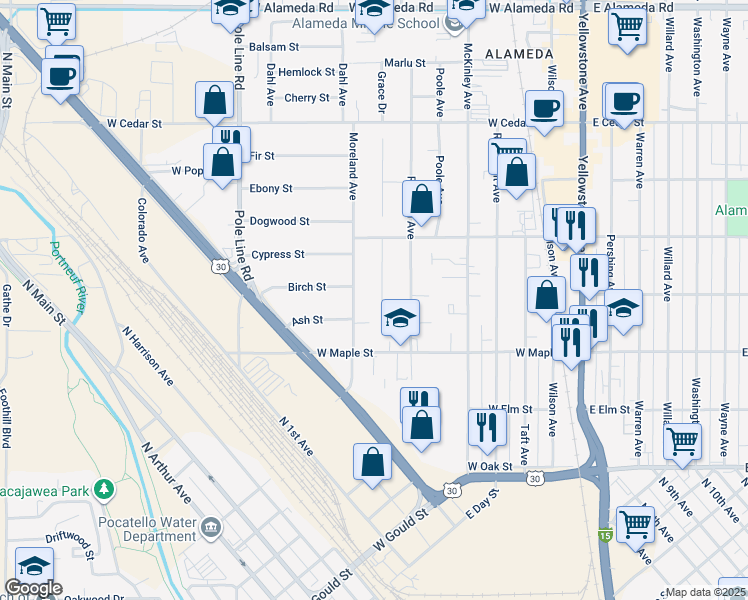 map of restaurants, bars, coffee shops, grocery stores, and more near 383 Packard Avenue in Pocatello