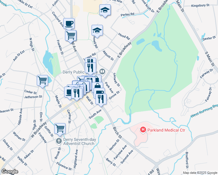 map of restaurants, bars, coffee shops, grocery stores, and more near 7 Park Avenue in Derry